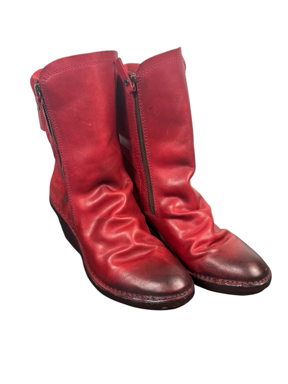 Fly London Simi? Red Leather Suede Mid Calf Wedge Boots Zip Up 39/US 8.5